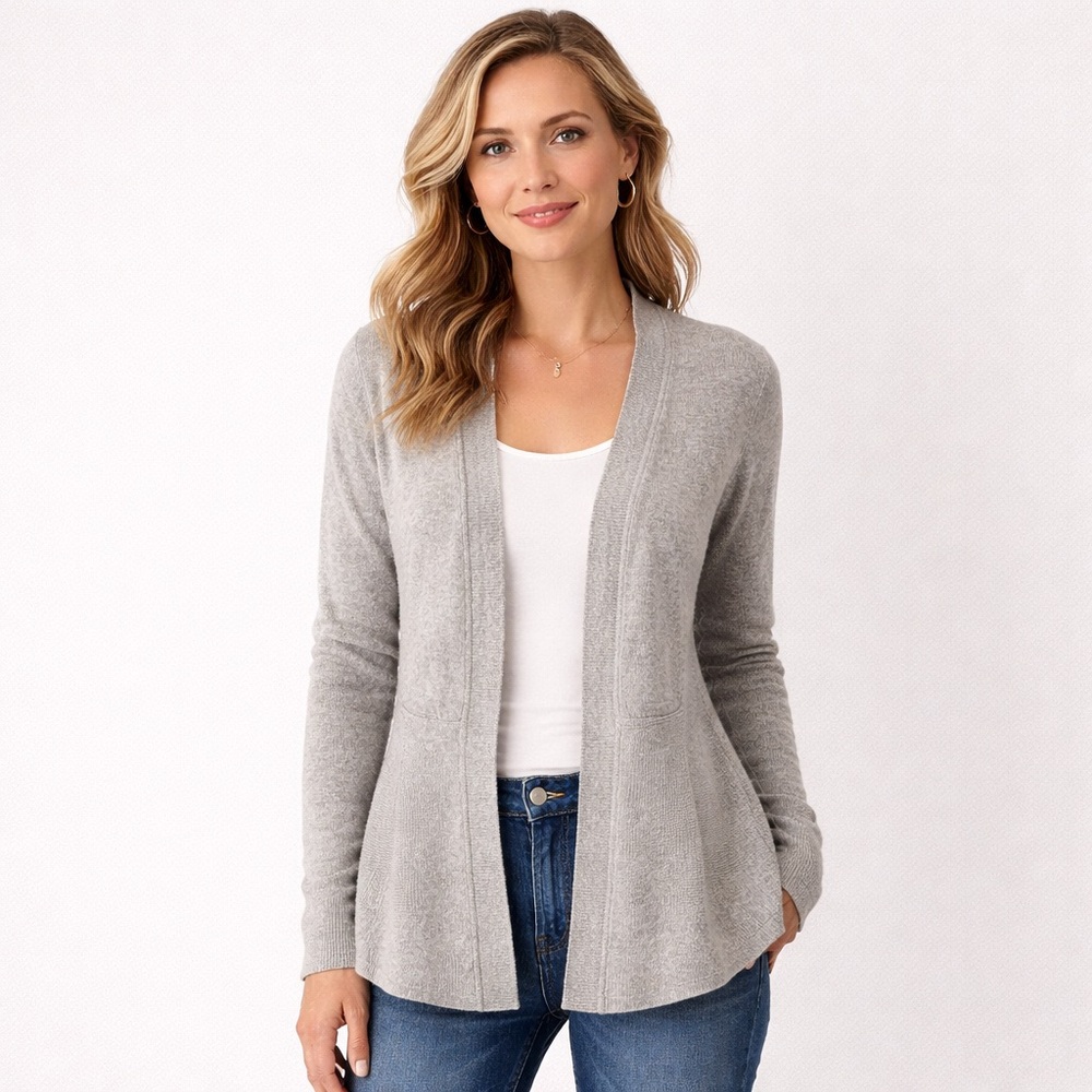Charter Club Luxury | 100% Cashmere Open Front Peplum Cardigan Gray | Sz M